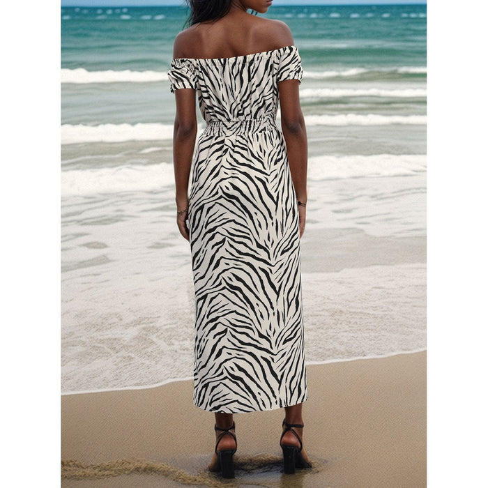 Slit Animal Print Off-Shoulder Midi Dress