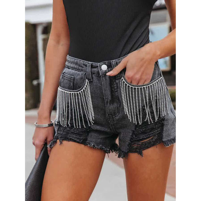 Distressed Fringe Denim Shorts with Pockets