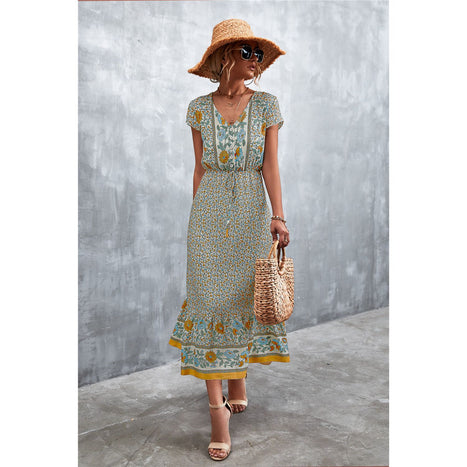 V-Neck Short Sleeve Printed Maxi Dress