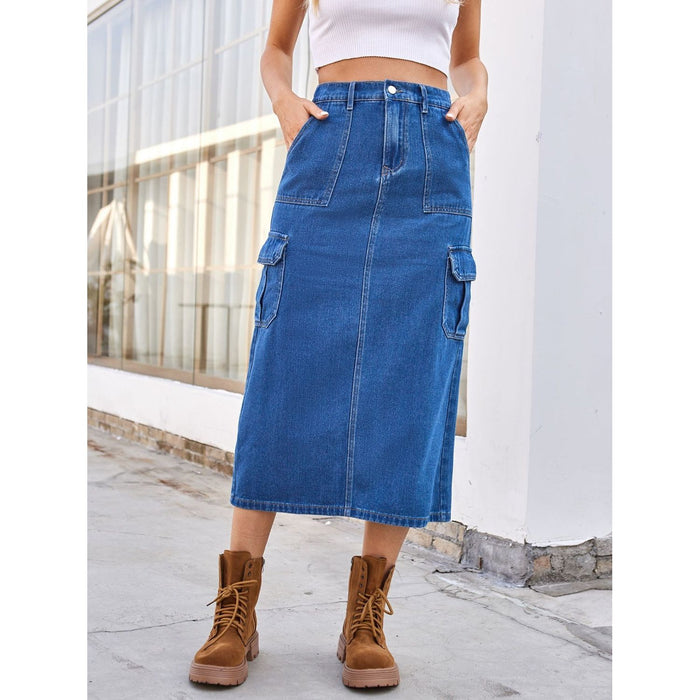 Slit Midi Denim Skirt with Pockets