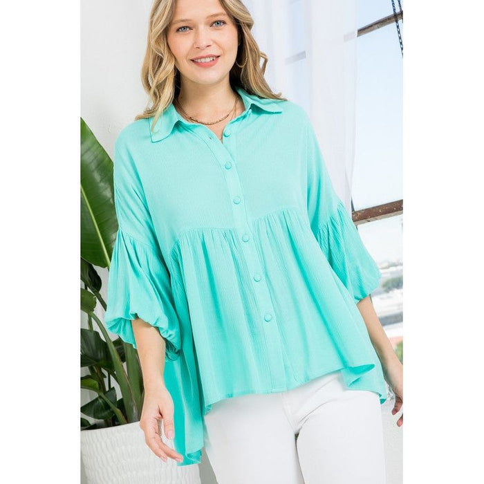 Plus Solid Button Down Blouse