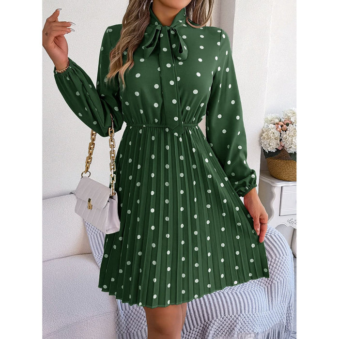 Polka Dot Tie Neck Pleated Dress