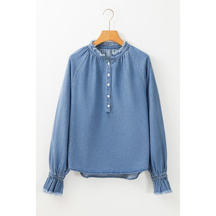 Half Button Long Sleeve Denim Top