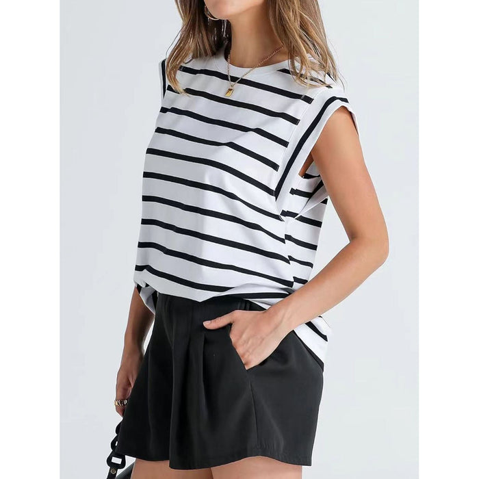 Striped Round Neck Cap Sleeve T-Shirt