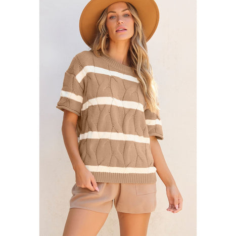 Striped Round Neck Short Sleeve Sweater