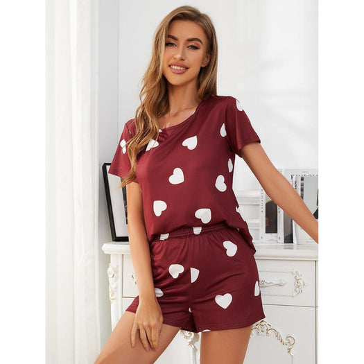 Heart Round Neck Top and Shorts Lounge Set