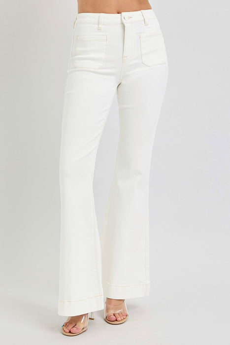 Full Size High Rise Front Patch Pocket Flare Jeans