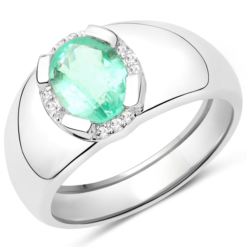Bids.com 1.10 Carat Genuine Emerald and White Topaz .925 Sterling Silver Ring Rings