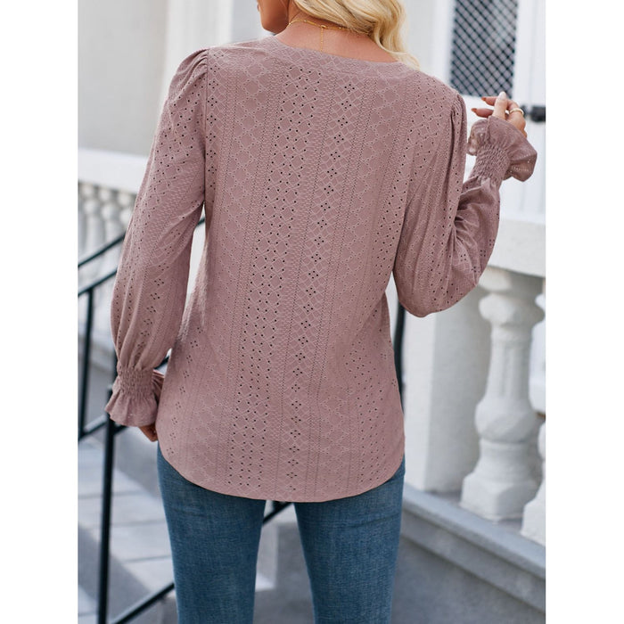 Eyelet Notched Flounce Sleeve Blouse