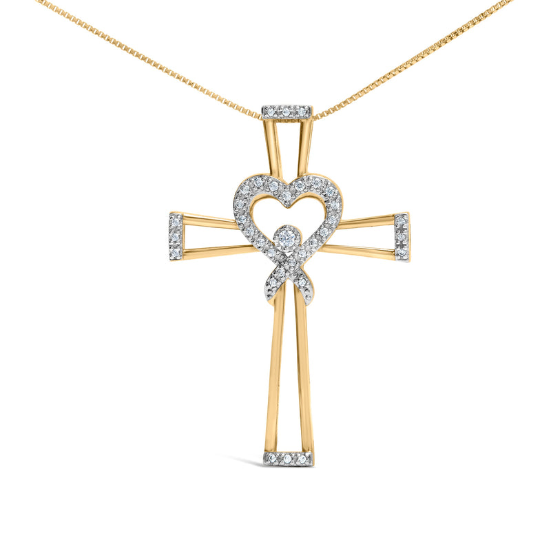 Bids.com 14K Yellow Gold Plated .925 Sterling Silver 1/6 Cttw Diamond Interlocking Heart and Ribbon Cross Pendant Necklace (H-I Color, I2-I3 Clarity) - 18" Inches Necklaces