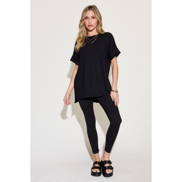 Zenana Short Sleeve Slit T-Shirt and Leggings Lounge Set