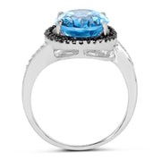 Bids.com 5.48 Carat Genuine Swiss Blue Topaz, Black Diamond and White Diamond .925 Sterling Silver Ring Rings