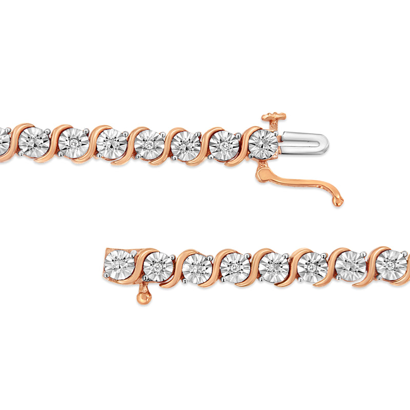 Bids.com 14K Rose Gold Plated .925 Sterling Silver 1/10 Cttw Diamond Round Miracle Plate and "S" Link Tennis Bracelet (I-J Color, I2- I3 Clarity) - 7" Bracelets