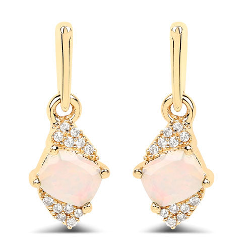 Bids.com 0.57 Carat Genuine Ethiopian Opal and White Diamond 14K Yellow Gold Earrings Earrings