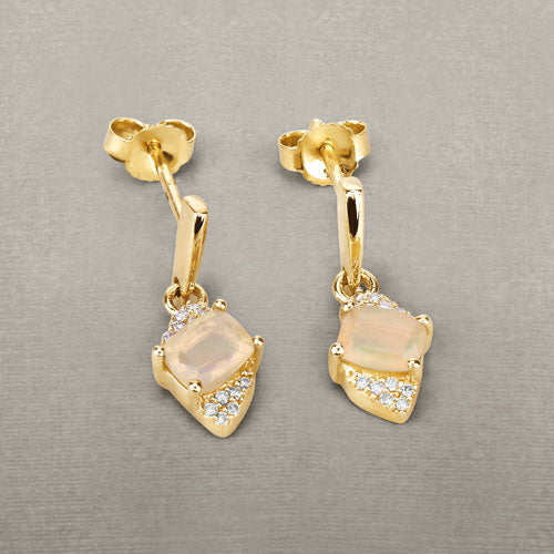 Bids.com 0.57 Carat Genuine Ethiopian Opal and White Diamond 14K Yellow Gold Earrings Earrings