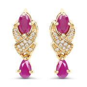Bids.com 1.12 Carat Genuine Ruby and White Diamond 14K Yellow Gold Earrings Earrings