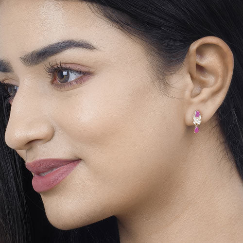 Bids.com 1.12 Carat Genuine Ruby and White Diamond 14K Yellow Gold Earrings Earrings
