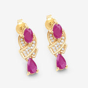 Bids.com 1.12 Carat Genuine Ruby and White Diamond 14K Yellow Gold Earrings Earrings