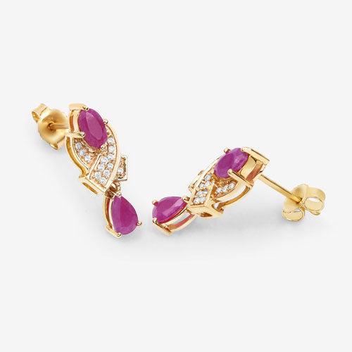 Bids.com 1.12 Carat Genuine Ruby and White Diamond 14K Yellow Gold Earrings Earrings