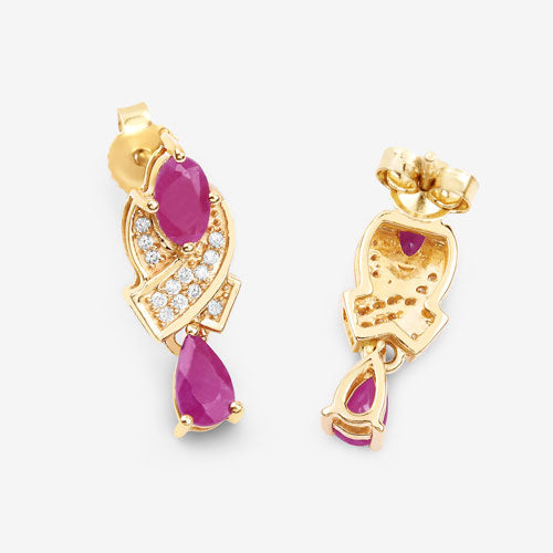 Bids.com 1.12 Carat Genuine Ruby and White Diamond 14K Yellow Gold Earrings Earrings