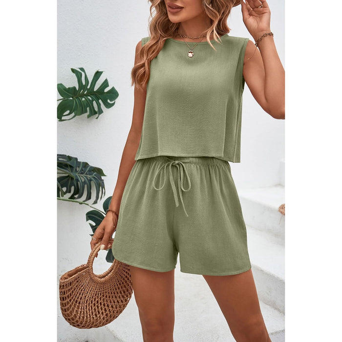 Round Neck Top and Drawstring Shorts Set