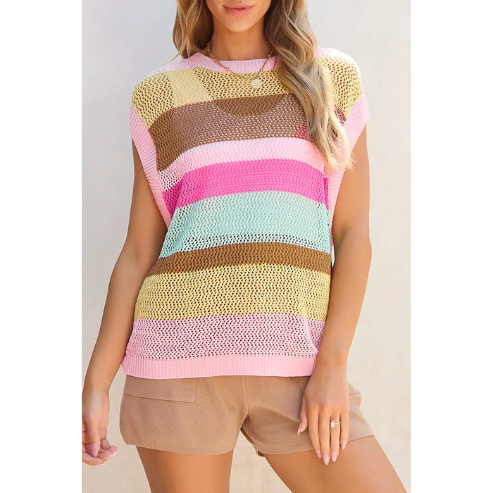 Color Block Round Neck Cap Sleeve Knit Top