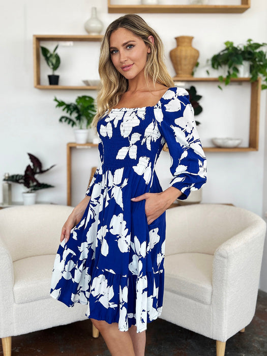 Floral Ruffle Hem Smocked Dress in Royal Blue