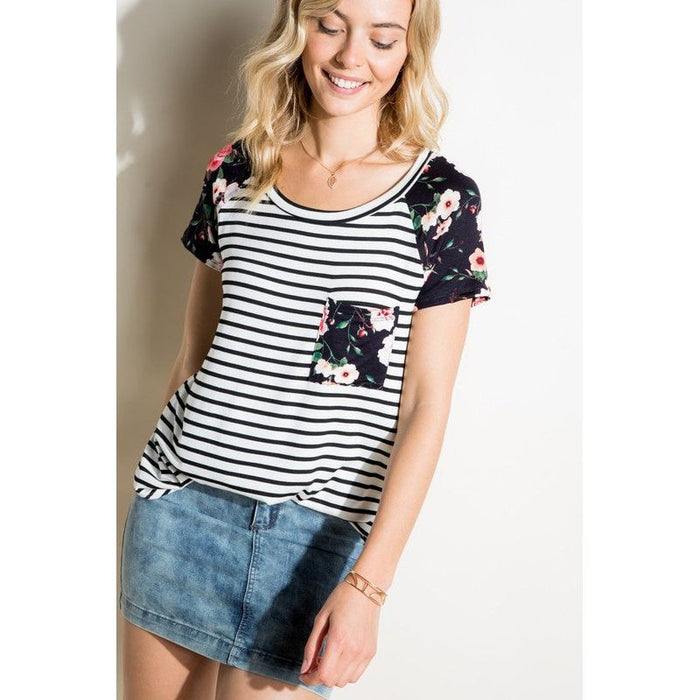 STRIPE FLORAL MIX SHORT SLEEVE TOP