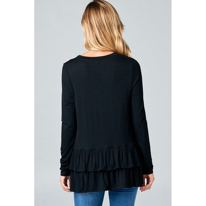 RUFFLE BOTTOM LONG SLEEVE ROUND NECK TUNIC TOP