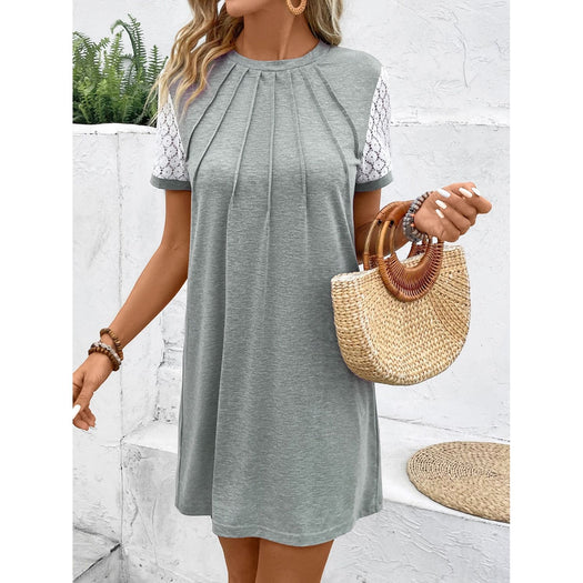 Lace Detail Round Neck Short Sleeve Mini Dress