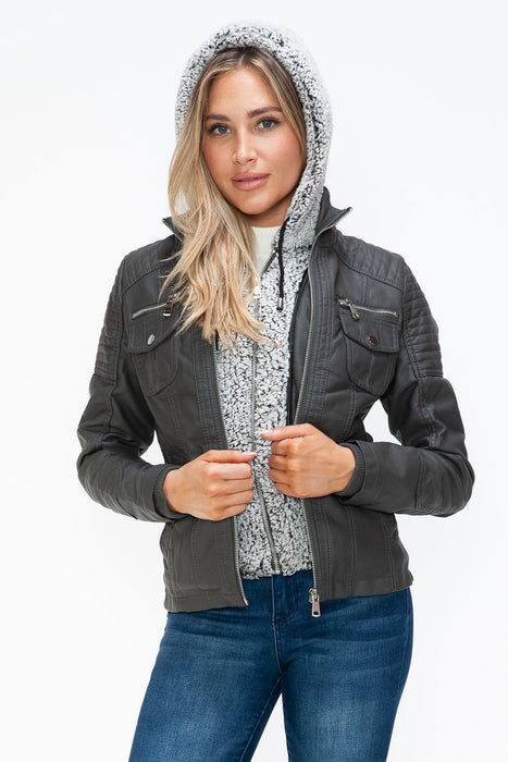 Removable Faux Layered Multi-Pocket Jacket with Fuzzy Hood