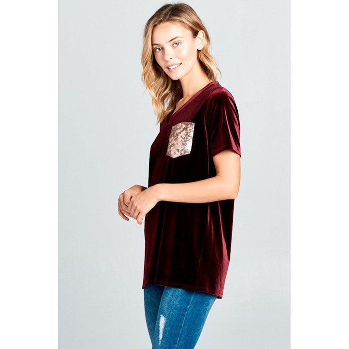 VELVET SEQUINCE POCKET BOXY TOP