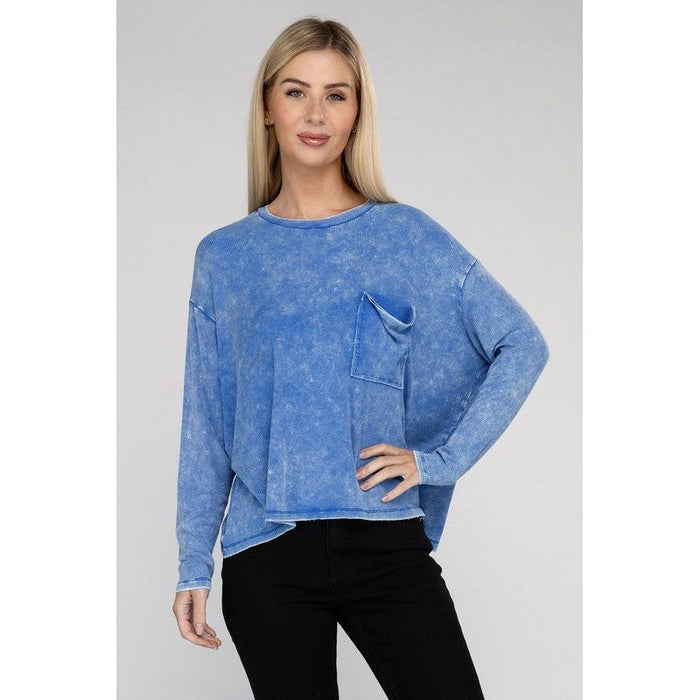 Washed Ribbed Dolman Sleeve Round Neck Top