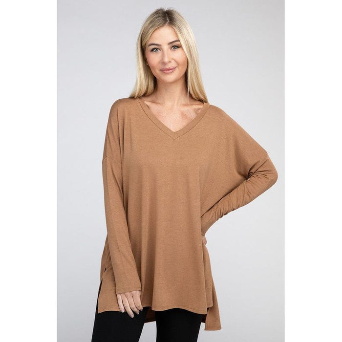 Dolman Long Sleeve V-Neck Side Slit Hi-Low Hem Top