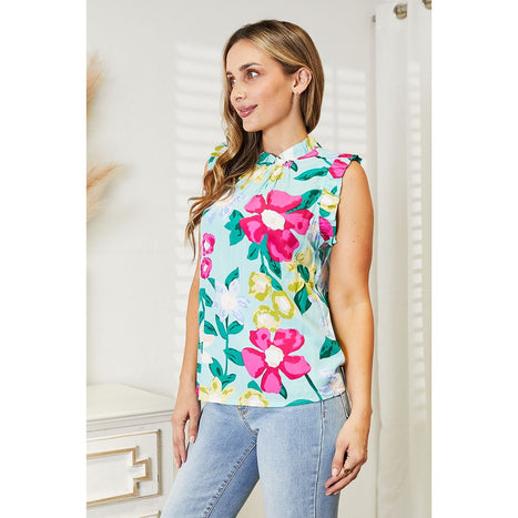 Double Take Floral Print Ruffle Shoulder Blouse