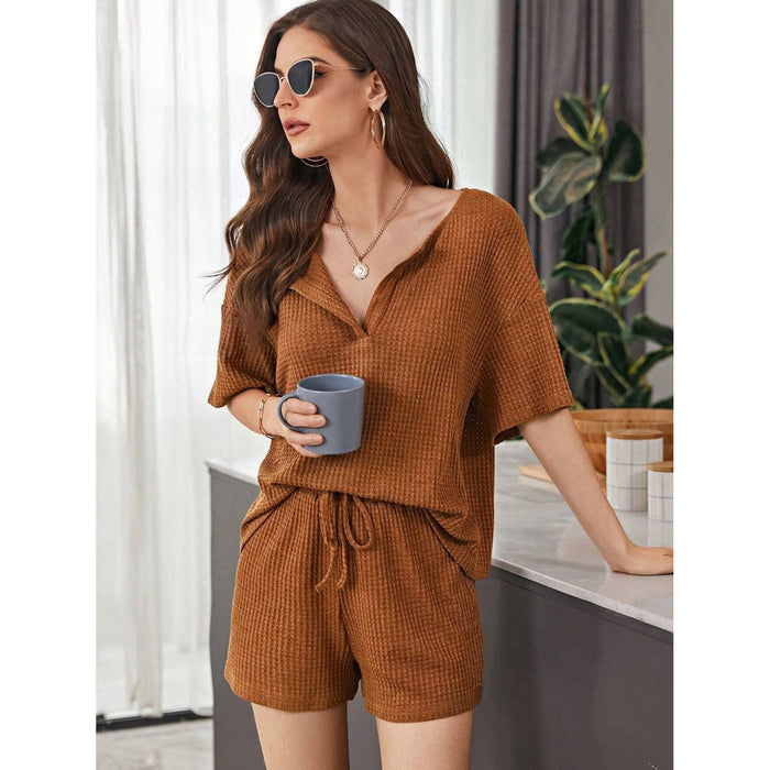 Waffle-Knit Dropped Shoulder Top and Shorts Set