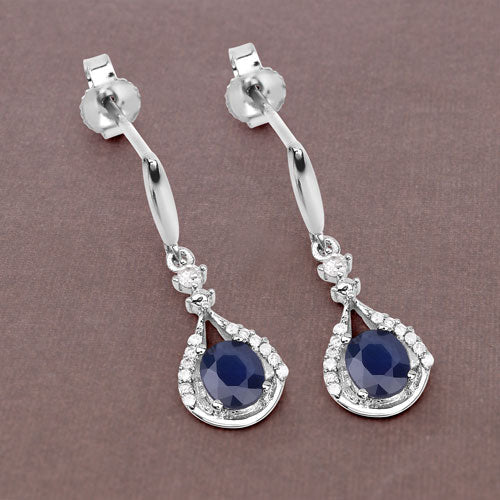 Bids.com 0.86 Carat Genuine Blue Sapphire and White Diamond 14K White Gold Earrings Earrings