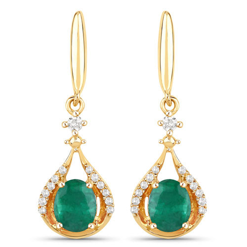 Bids.com 0.70 Carat Genuine Zambian Emerald and White Diamond 14K Yellow Gold Earrings Earrings