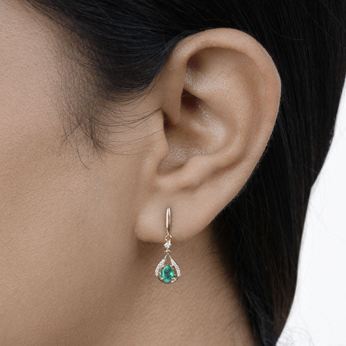 Bids.com 0.70 Carat Genuine Zambian Emerald and White Diamond 14K Yellow Gold Earrings Earrings