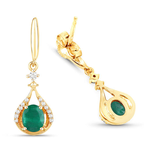 Bids.com 0.70 Carat Genuine Zambian Emerald and White Diamond 14K Yellow Gold Earrings Earrings