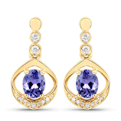Bids.com 0.76 Carat Genuine Tanzanite and White Diamond 14K Yellow Gold Earrings Earrings