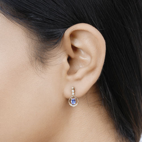 Bids.com 0.76 Carat Genuine Tanzanite and White Diamond 14K Yellow Gold Earrings Earrings