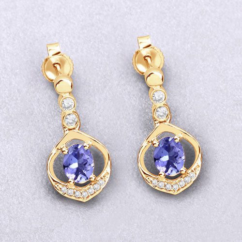 Bids.com 0.76 Carat Genuine Tanzanite and White Diamond 14K Yellow Gold Earrings Earrings
