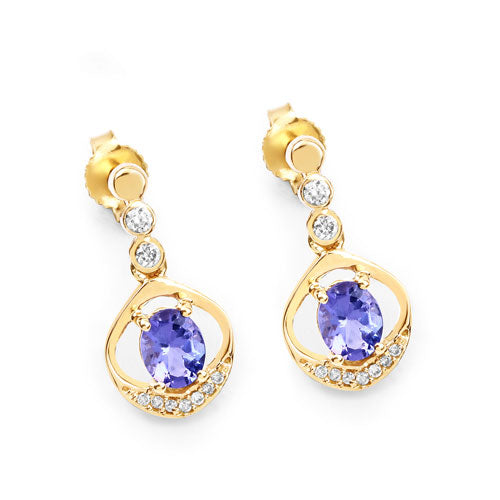 Bids.com 0.76 Carat Genuine Tanzanite and White Diamond 14K Yellow Gold Earrings Earrings