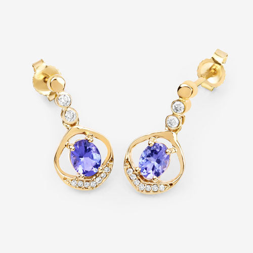 Bids.com 0.76 Carat Genuine Tanzanite and White Diamond 14K Yellow Gold Earrings Earrings