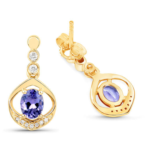 Bids.com 0.76 Carat Genuine Tanzanite and White Diamond 14K Yellow Gold Earrings Earrings