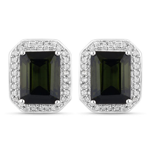 Bids.com 3.57 Carat Genuine Green Tourmaline and White Diamond 14K White Gold Earrings Earrings