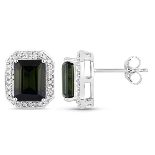 Bids.com 3.57 Carat Genuine Green Tourmaline and White Diamond 14K White Gold Earrings Earrings