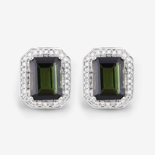 Bids.com 3.57 Carat Genuine Green Tourmaline and White Diamond 14K White Gold Earrings Earrings