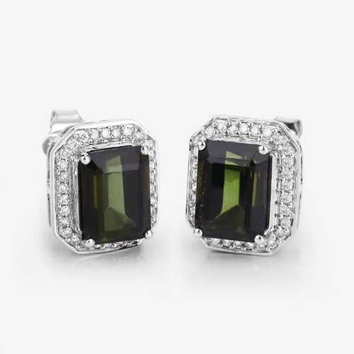 Bids.com 3.57 Carat Genuine Green Tourmaline and White Diamond 14K White Gold Earrings Earrings